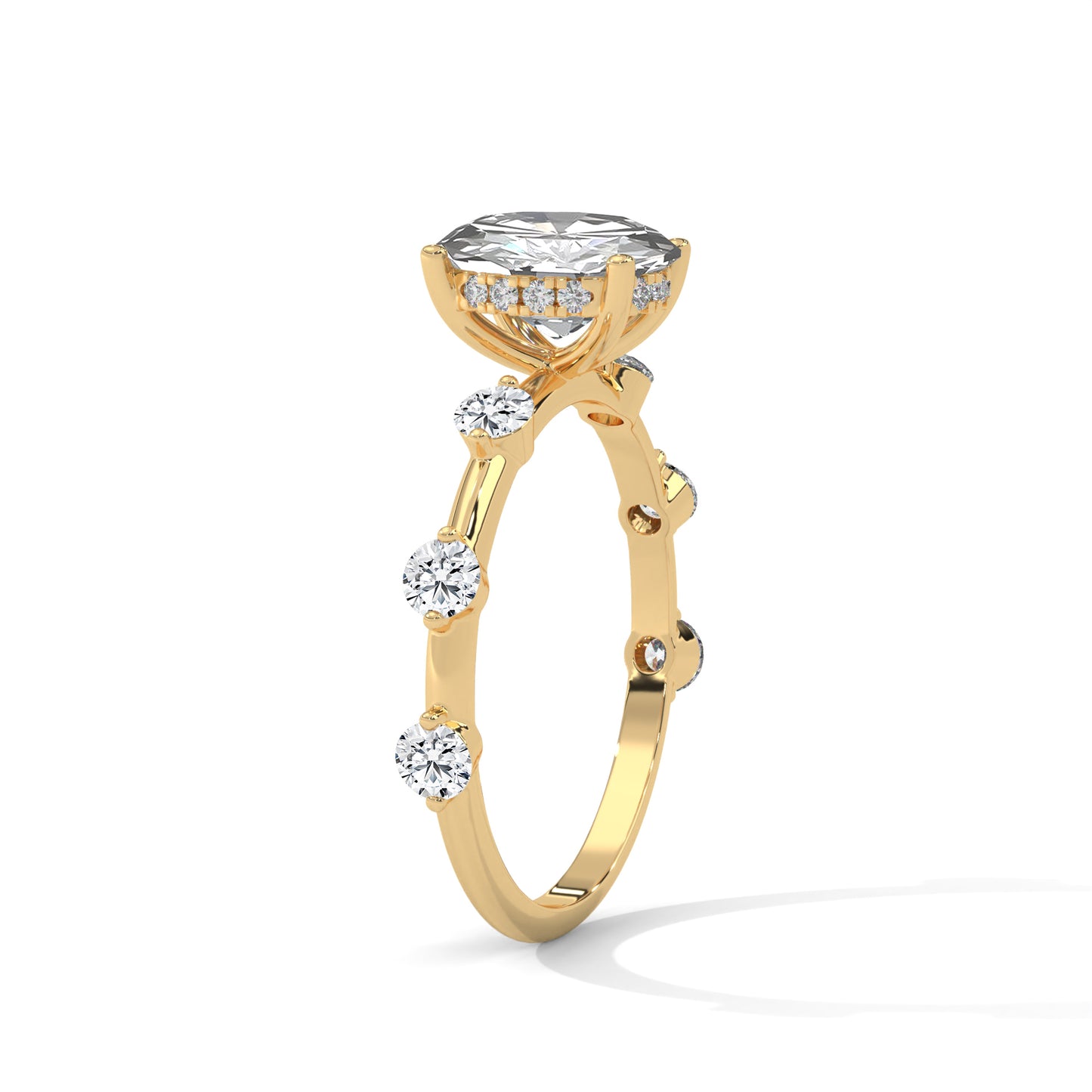 Anna - Oval diamond with Hidden Halo and Three Offset Round Diamonds