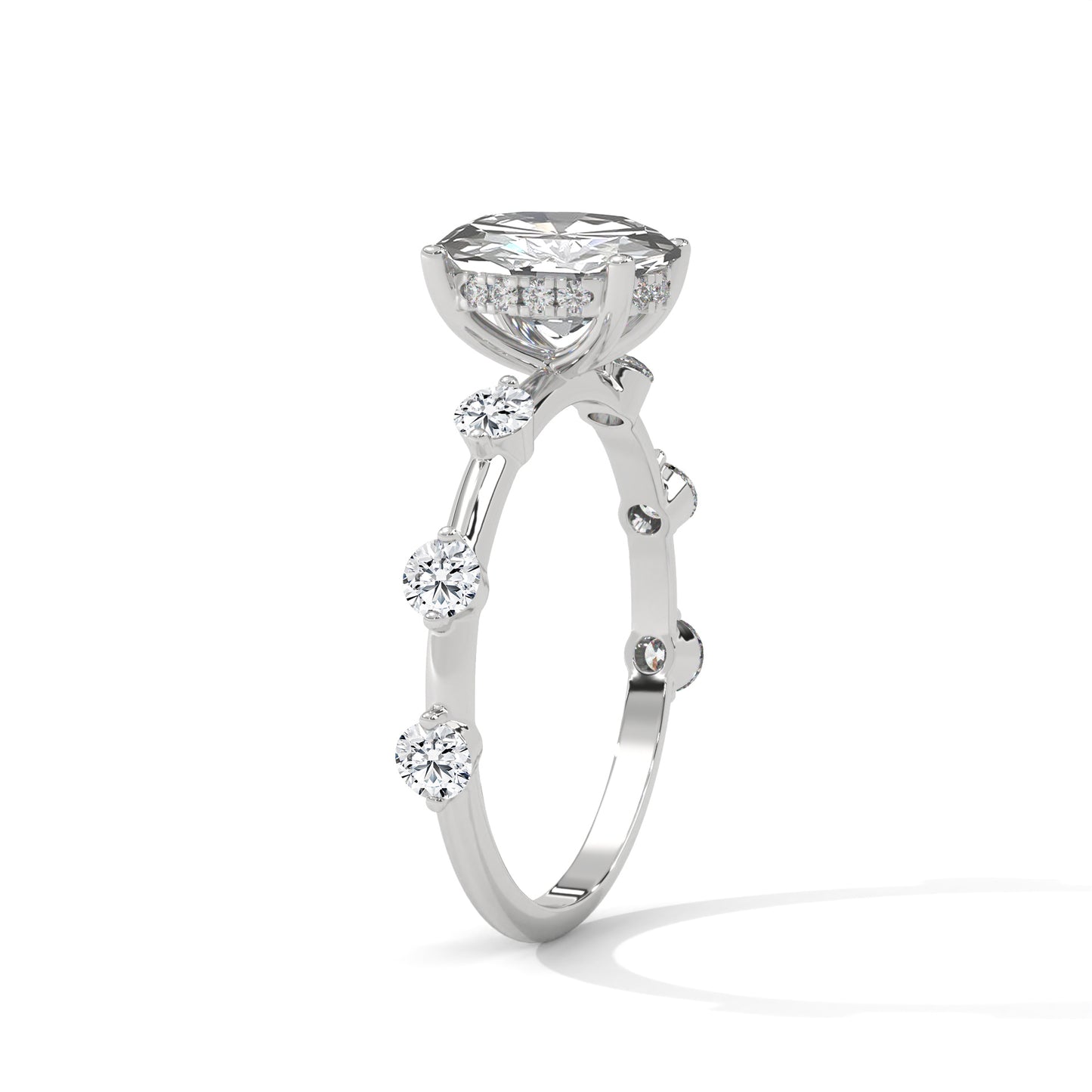 Anna - Oval diamond with Hidden Halo and Three Offset Round Diamonds