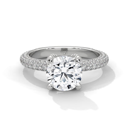 A round brilliant cut diamond ring with a triple row pavé band, displayed on a white background.