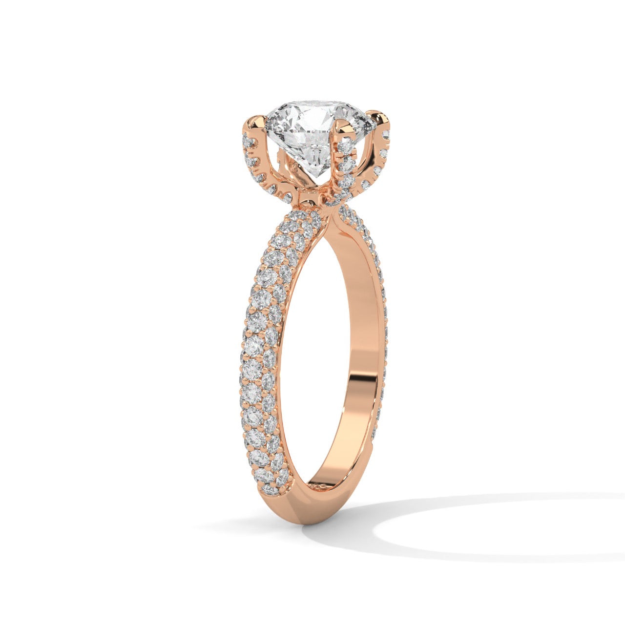 a diamond ring with three way pave band on a plain background