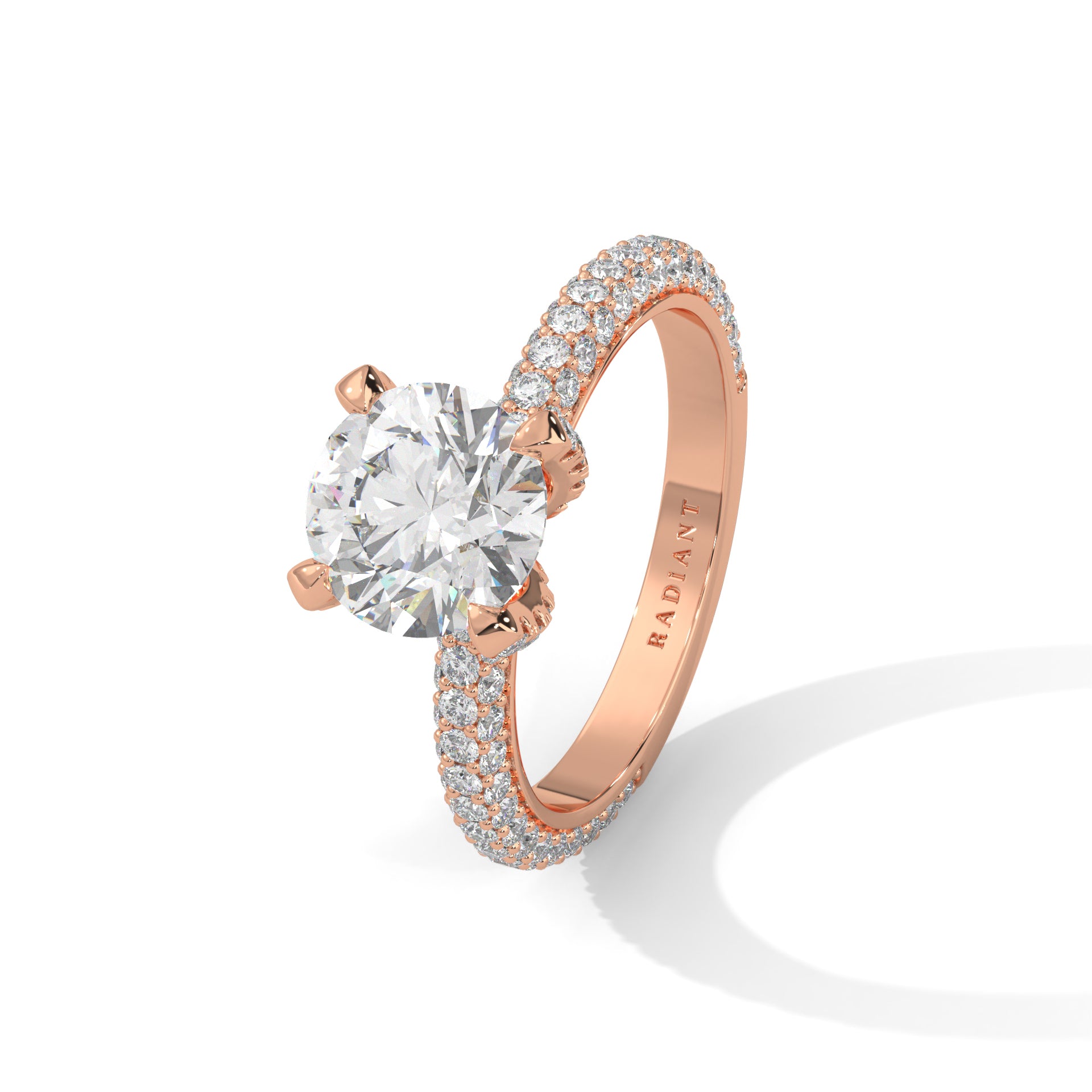 a diamond ring with three way pave band on a plain background