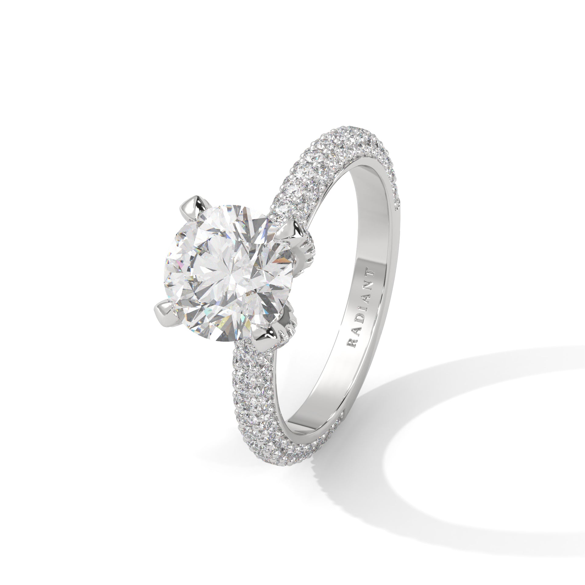 a diamond ring with three way pave band on a plain background