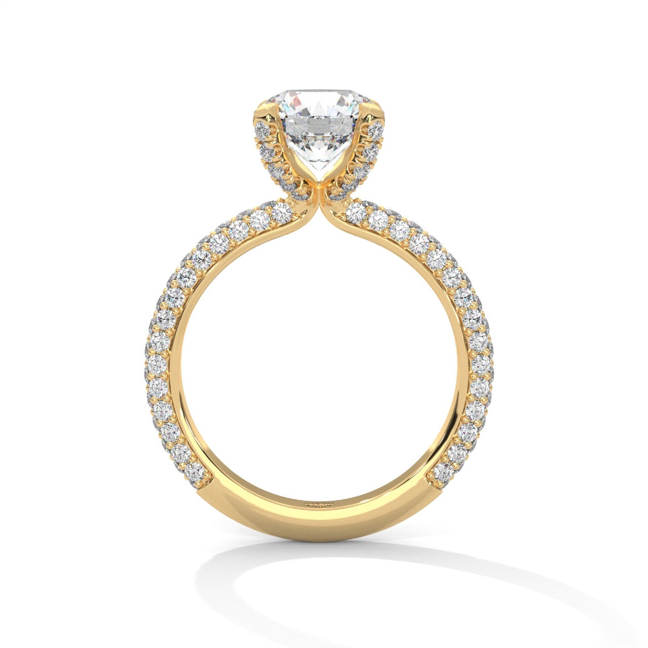 a diamond ring with three way pave band on a plain background