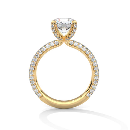 a diamond ring with three way pave band on a plain background