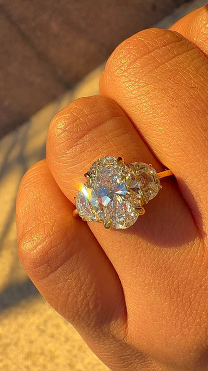 Oval Lab Grown DiamondEngagement Ring with Half moon Diamonds on the side